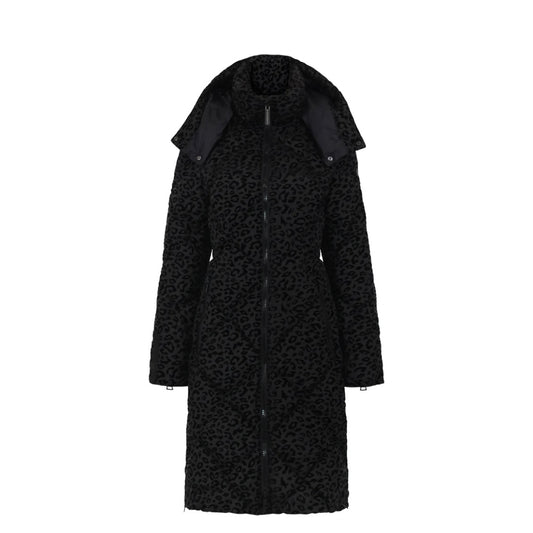 Manteau long en duvet vegan Saga | Léopard noir Eleven Elfs design Italien vegan Saga