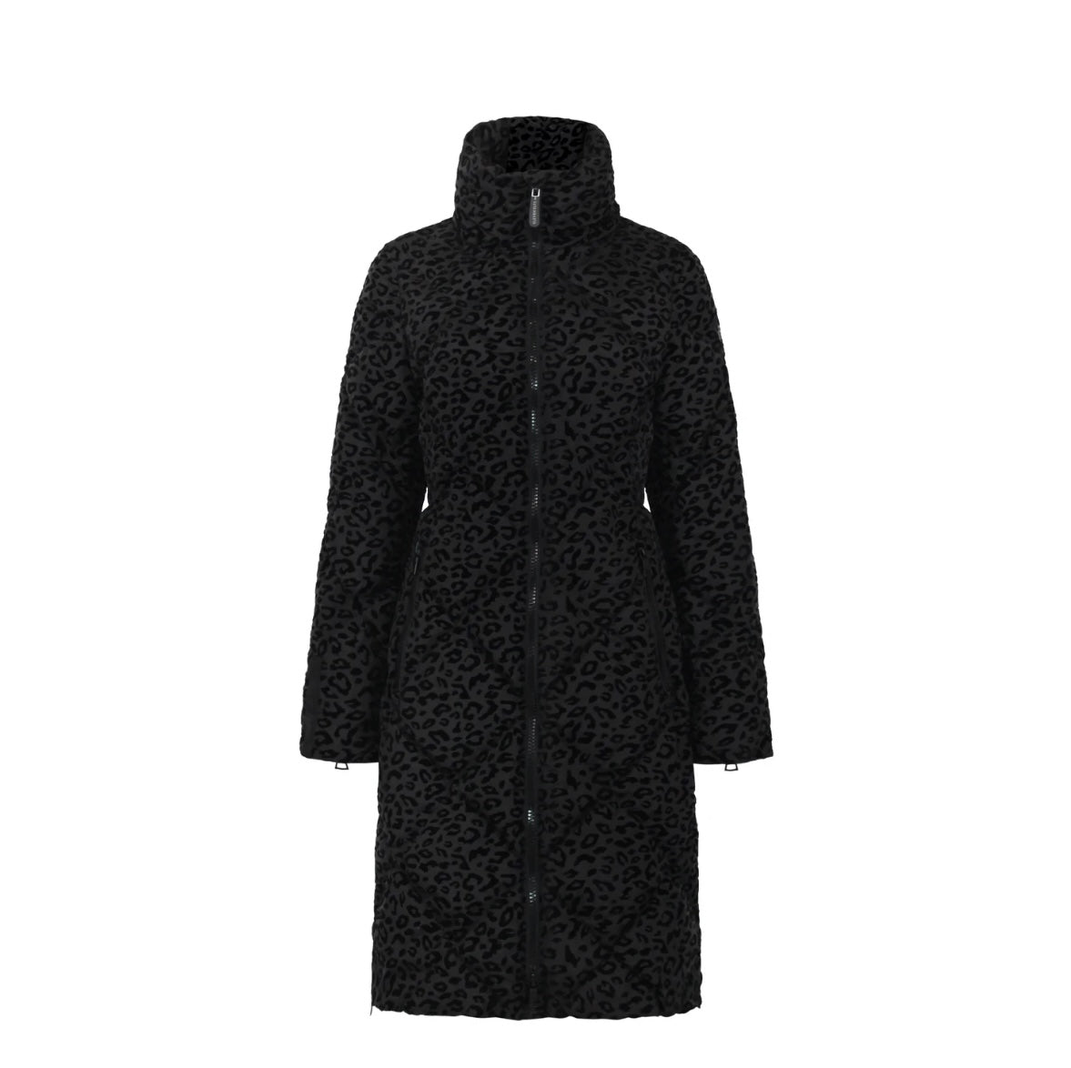 Manteau long en duvet vegan Saga | Léopard noir Eleven Elfs design Italien vegan Saga