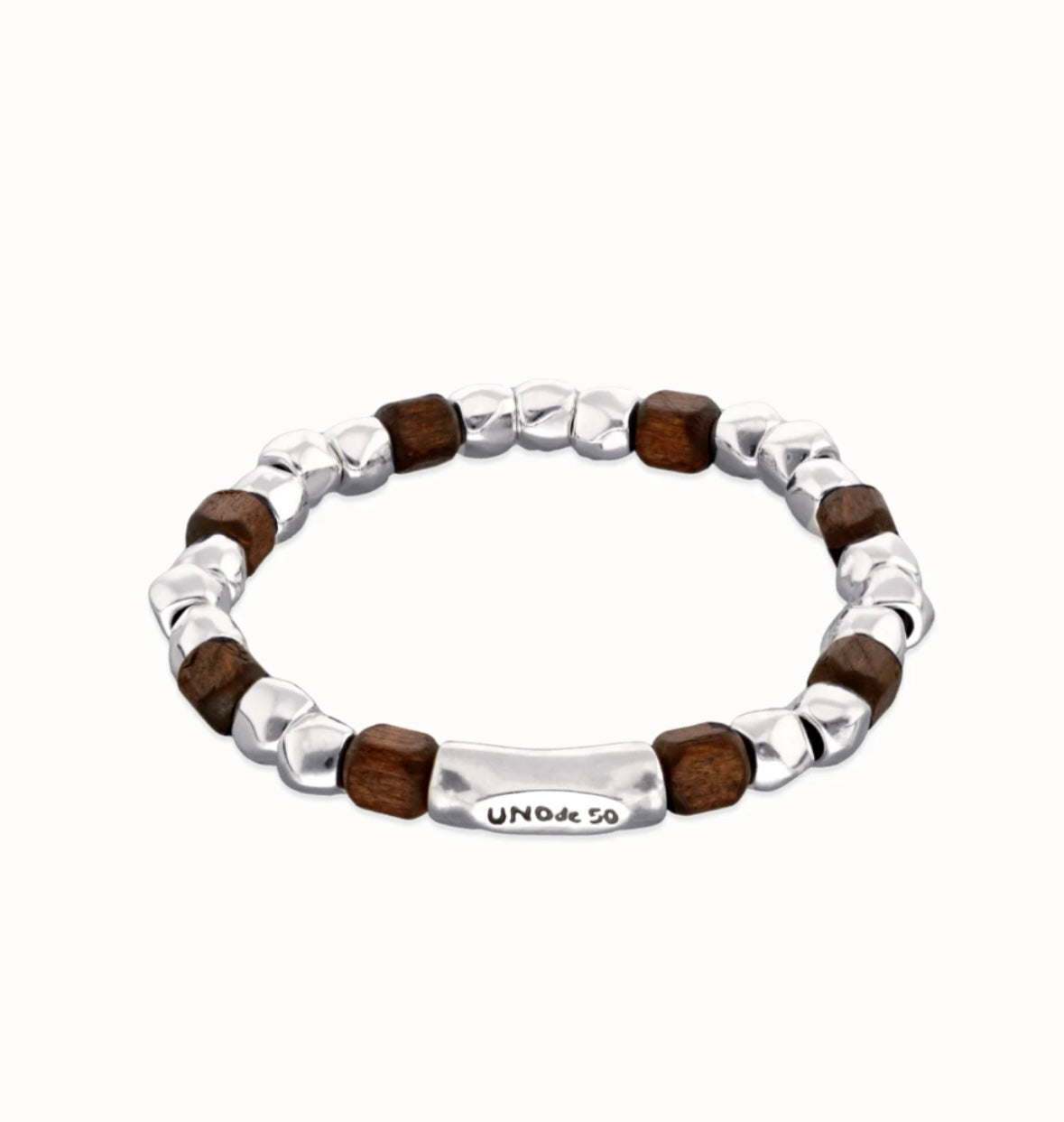 Bracelet extensible avec perles en argent et en bois Uno de 50 Bracelet extensible argent et bois PUL2586