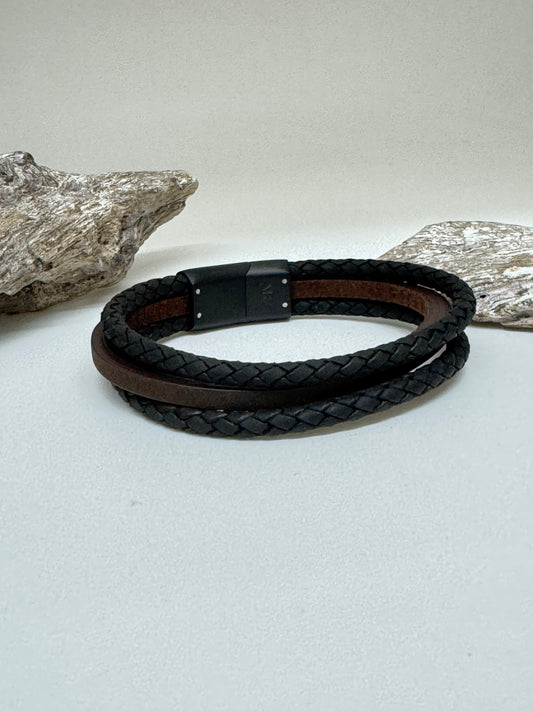 Bracelet Cuir Brun Noir dessiné à Montréal Arz Steel AS-B333