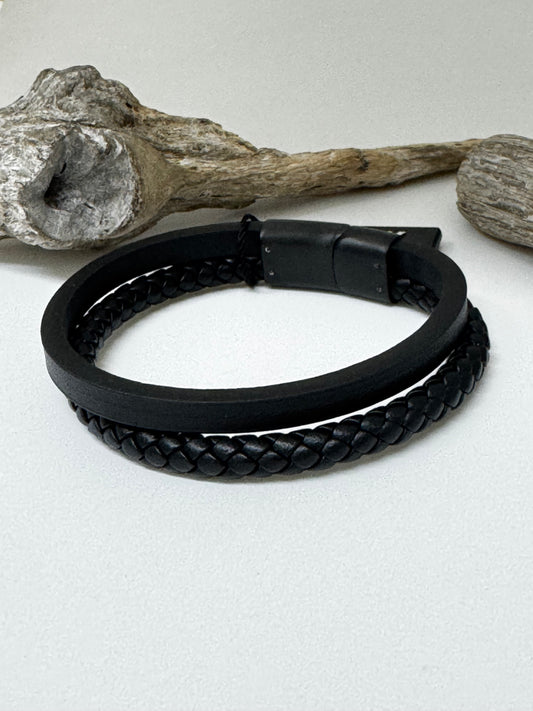 Bracelet Cuir double noir dessiné à Montréal Arz Steel AS-B271