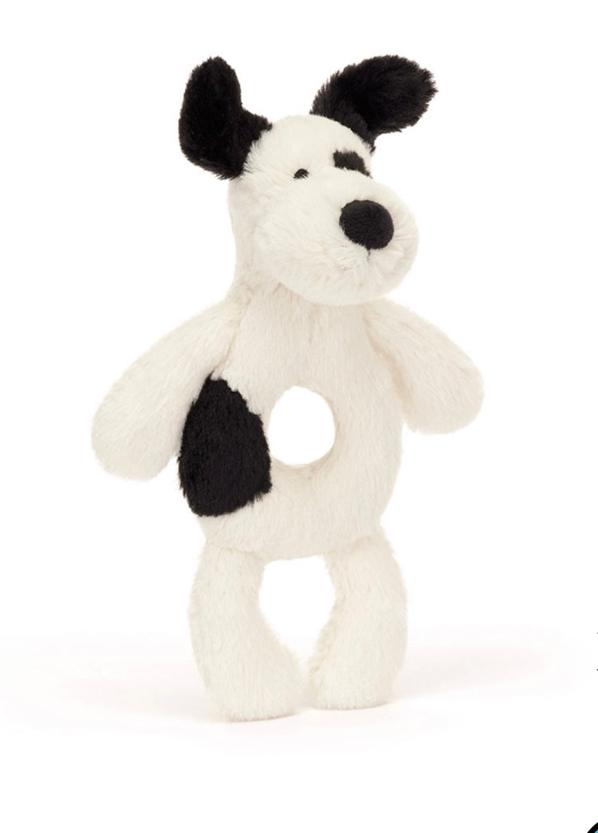 Hochet anneau chiot noir et crème timide, peluche dessinée à Londres Jellycat Londres BRR4BCP