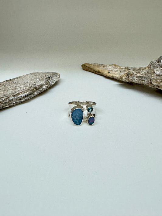 Bague Argent 925 & duo d'Opal de feu et Topaz bleu Dessinée par Carole Morand