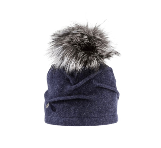 CLARETA MARINE - CANADIAN HAT BONNET PLISSÉ AVEC POMPON EN FOURRURE RECYCLÉE