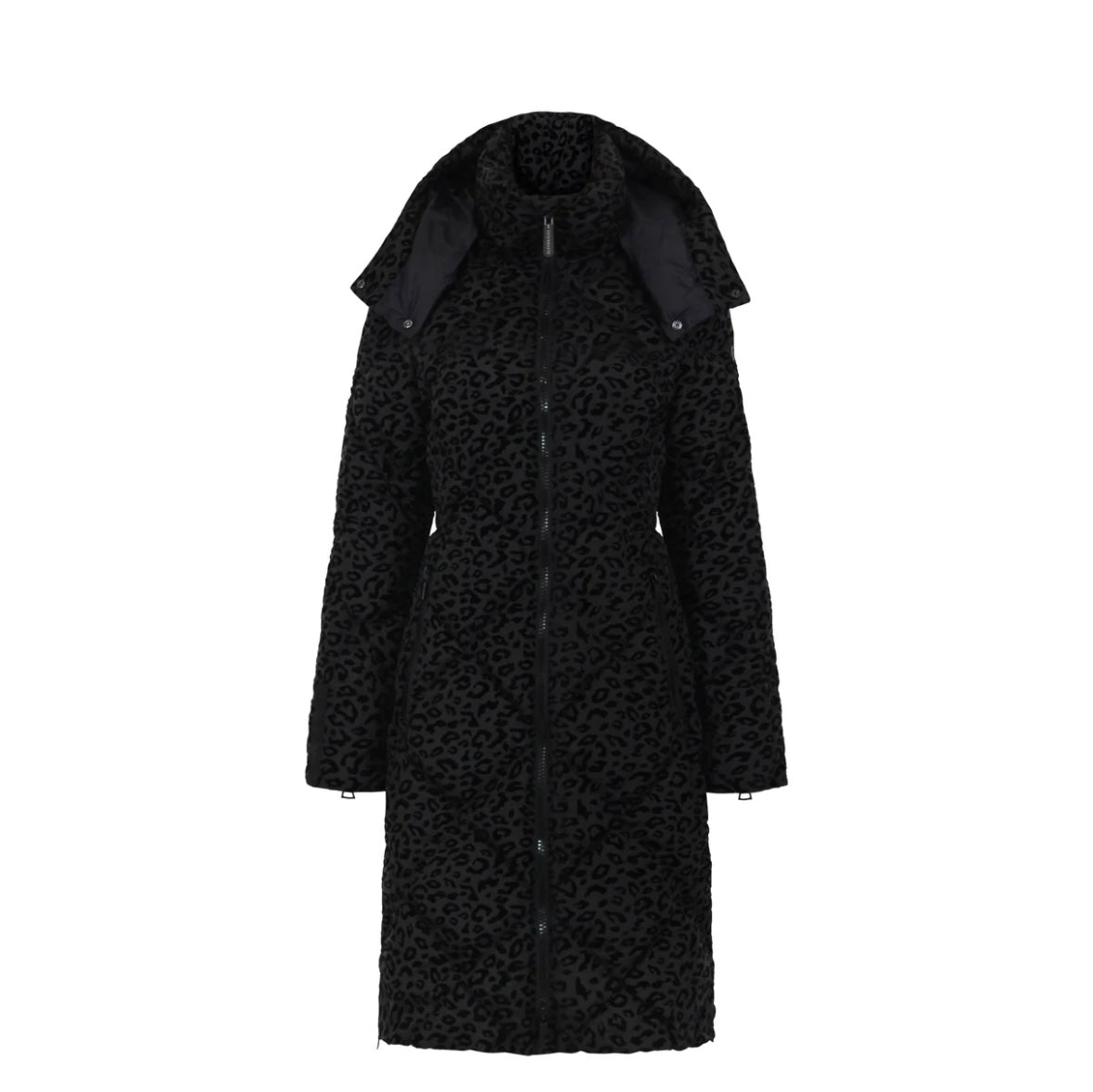 Manteau long en duvet vegan Saga | Léopard noir Eleven Elfs design Italien vegan Saga