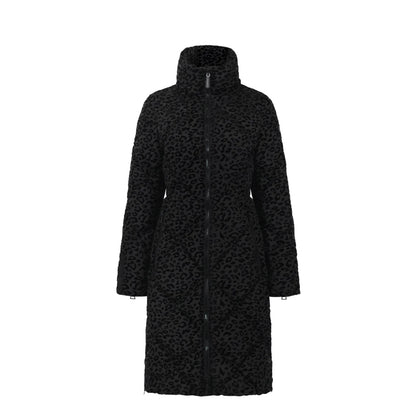 Manteau long en duvet vegan Saga | Léopard noir Eleven Elfs design Italien vegan Saga