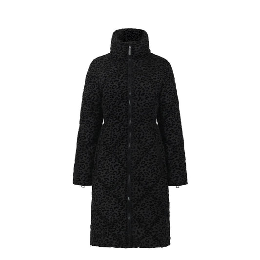 Manteau long en duvet vegan Saga | Léopard noir Eleven Elfs design Italien vegan Saga