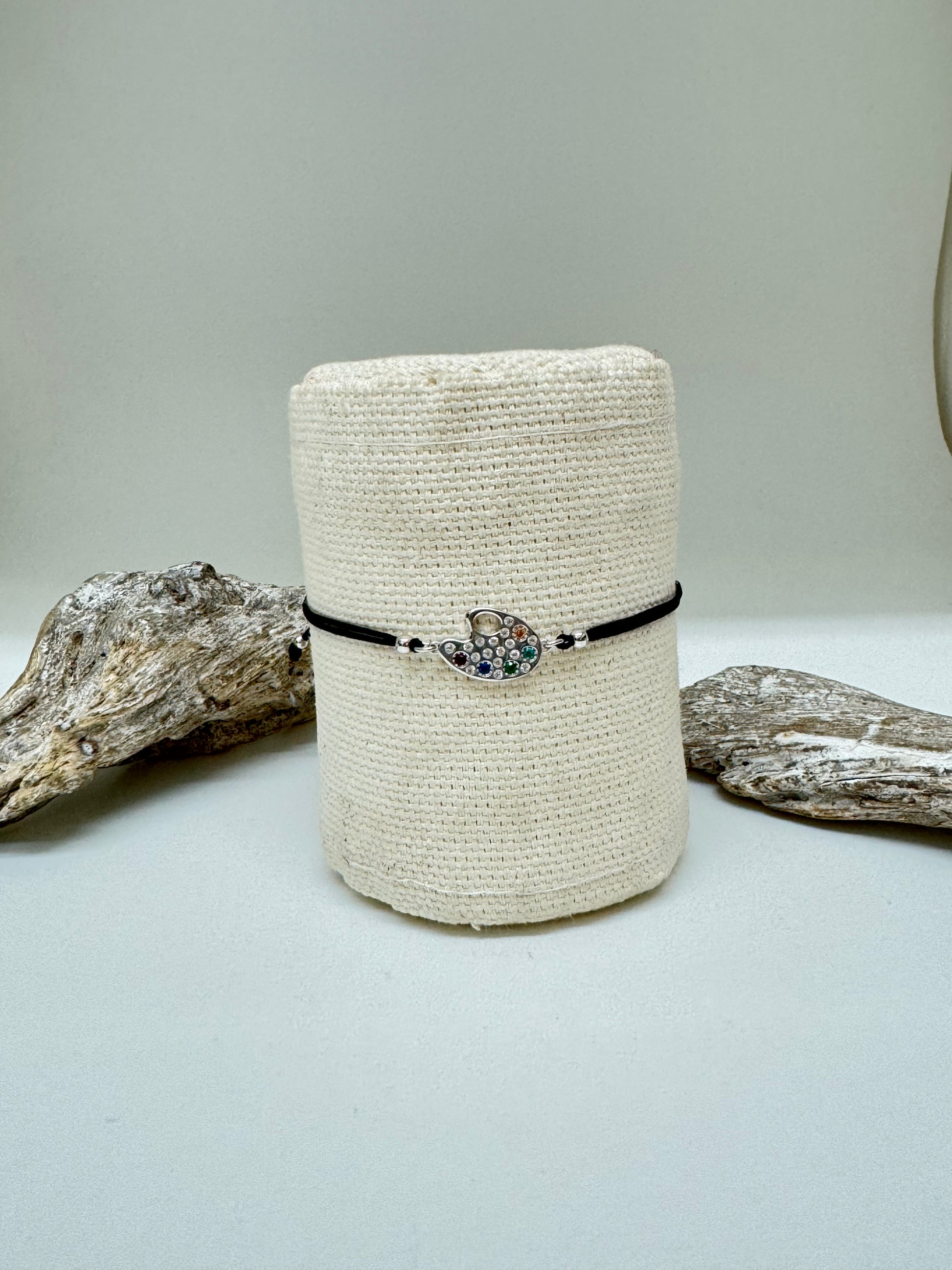 Bracelet Palette peinture Argent 925 et Zircon sur cordon noir Kurshuni Bracelet Palette peinture Argent 925 et Zircon sur cordon noir RNK1344-4