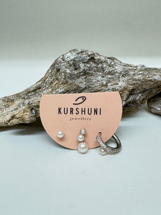 Trio Boucles d'oreilles avec zircons et perles sur Argent sterling Kurshuni Trio avec zircons et perles sur Argent sterling KX348-3y