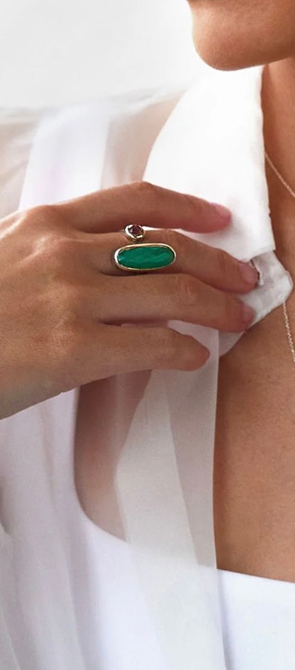 Colorée - Bague ouverte avec chrysoprase verte et quartz&nbsp; Véronique Roy