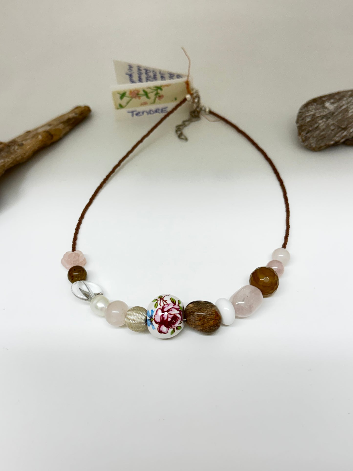 Handmade Tendre semi-precious and porcelain necklace from Montreal