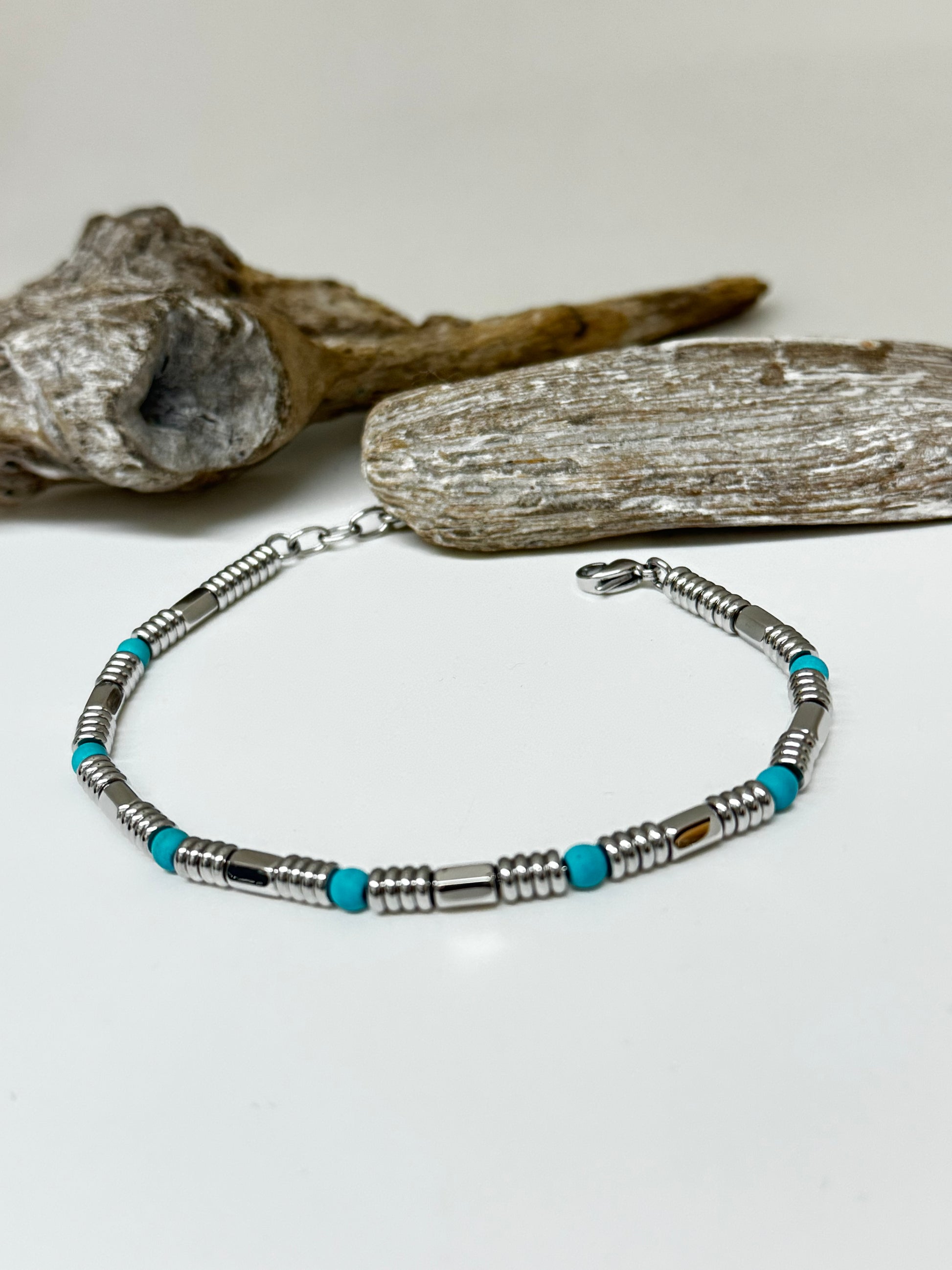 Bracelet Acier et Turquoises dessiné à Montréal Arz Steel AS-B458