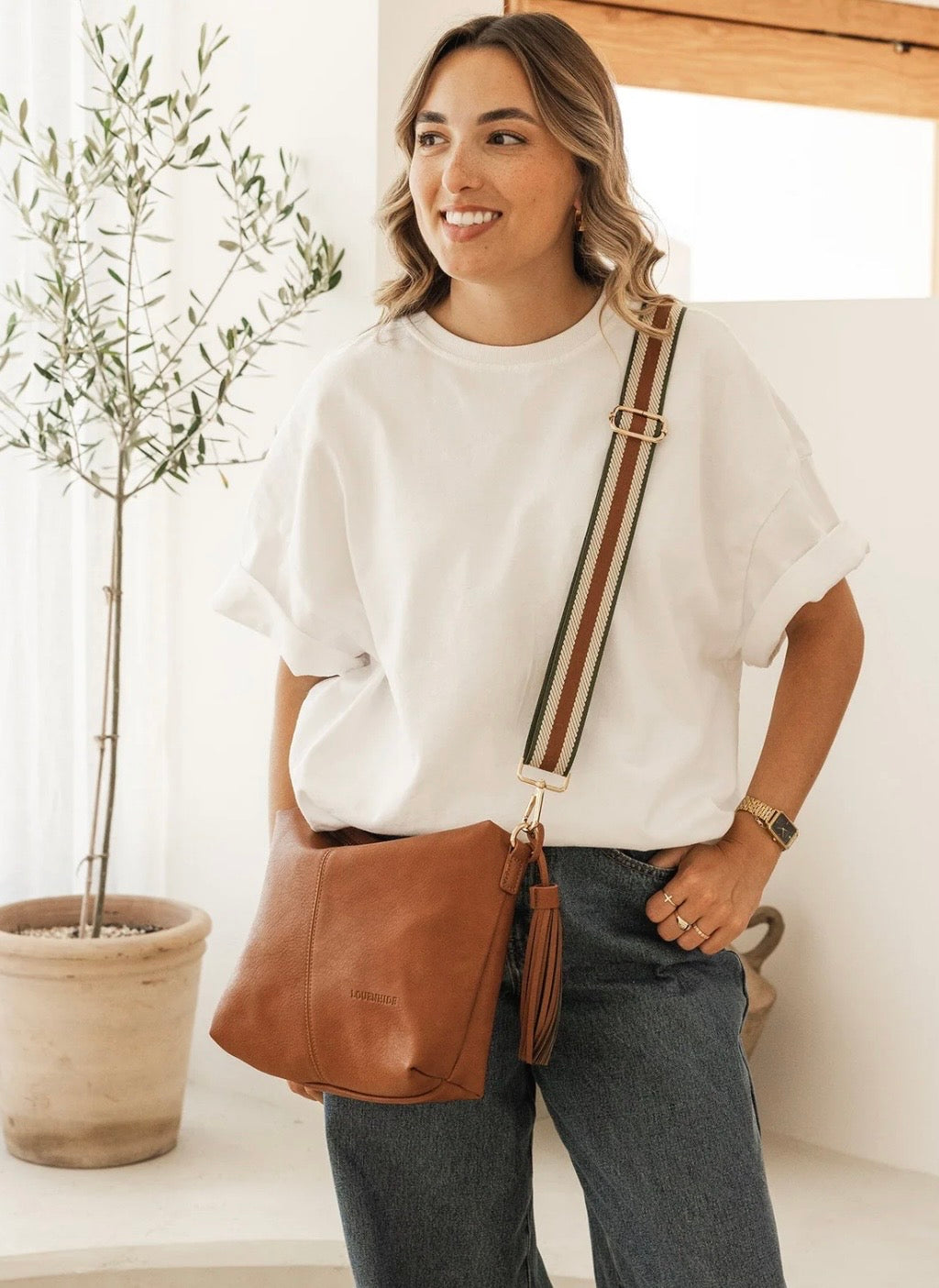 Daisy stripe Sac bandoulière à rayures tan Louenhide Louenhide