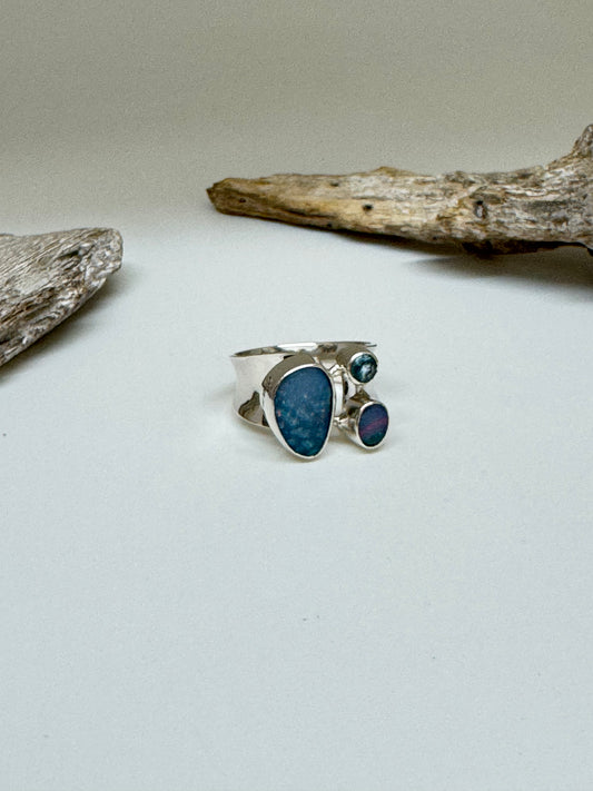 Bague Argent 925 deux Opal de feu et topaz bleu Dessiné par Carole Morand de Montréal Opal de feu