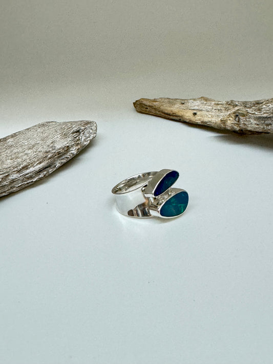 Bague Argent 925  deux Opal de feu horizontal Dessiné par Carole Morand de Montréal Opal de feu